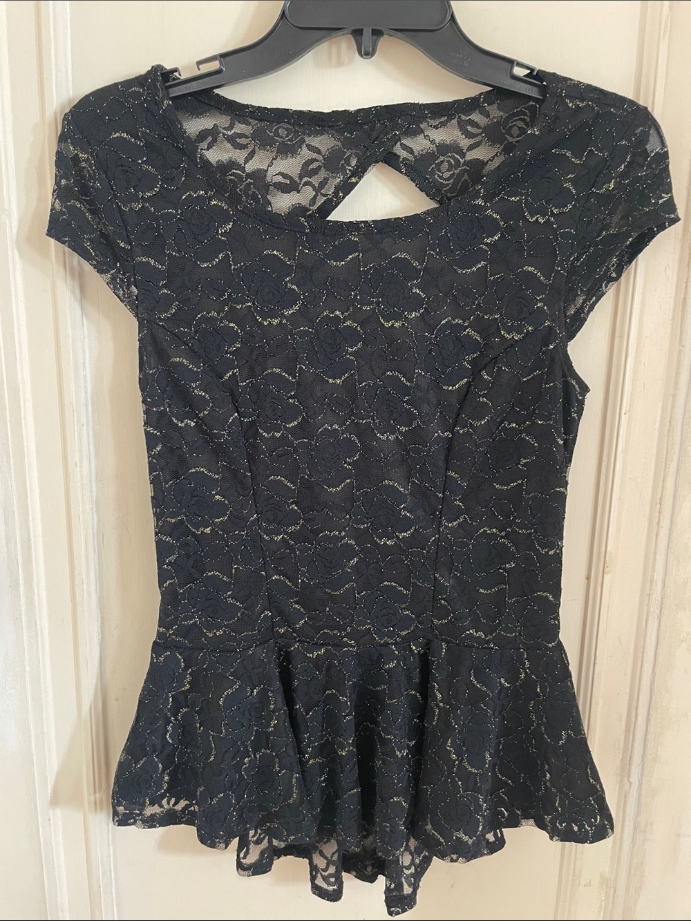 Iz Byer Black Lace Peplum Midi Dress with Keyhole Back